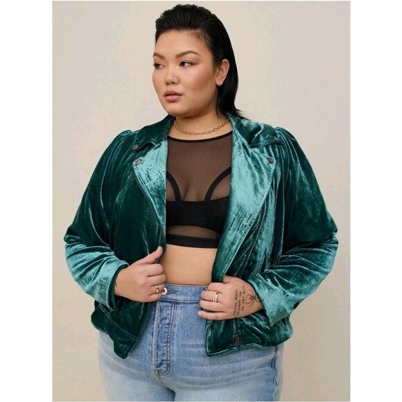 Torrid Green Crushed Velvet Moto Jacket Plus Size 2 2X 18/20 Waist Full Zip Alt - Picture 2 of 7